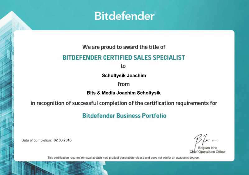 Zertifikat Bitdefender Certified Sales Specialist Business