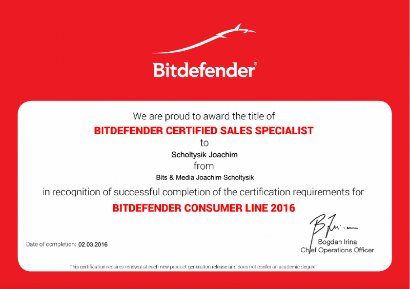 Zertifikat Bitdefender Certified Sales Specialist Consumer Line 2016