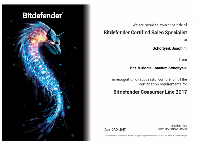Zertifikat Bitdefender Certified Sales Specialist Consumer Line 2017