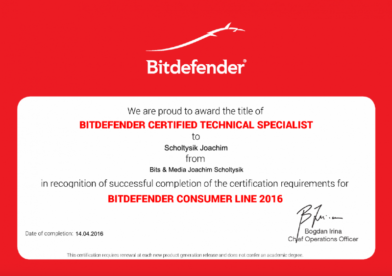 Zertifikat Bitdefender Certified Technical Specialist Consumer Line 2016