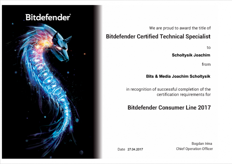 Zertifikat Bitdefender Certified Technical Specialist Consumer Line 2017
